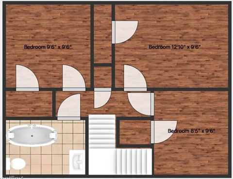 A floor plan shows three bedrooms of different sizes and a bathroom with a jacuzzi tub.