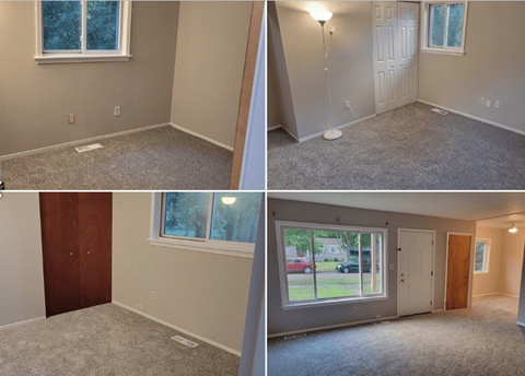 A series of four images showing an empty room with a window, a door, and a carpeted floor.