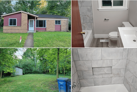 A red house with a white door and windows, a bathroom with a toilet, sink, and shower, and a green lawn with a blue trash can.