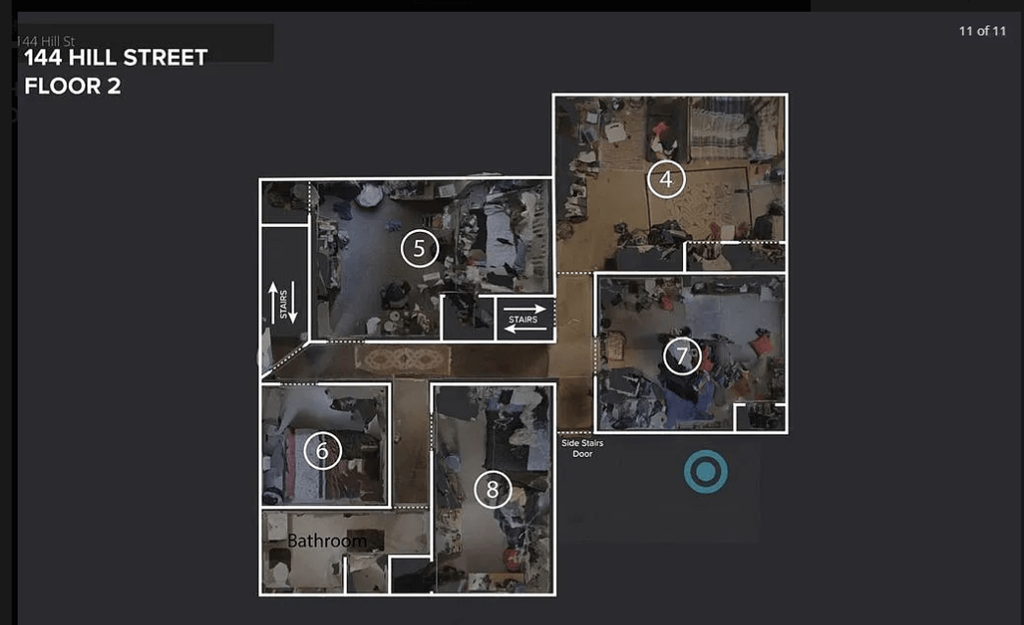 A floor plan of 144 Hill Street Floor 2 showing the layout of rooms and bathrooms.