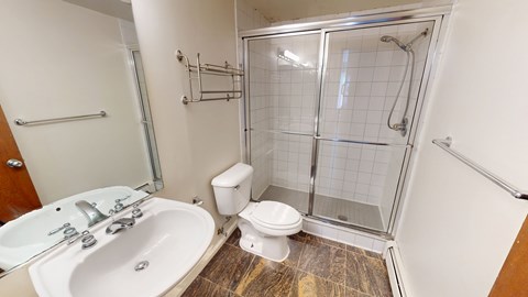 A bathroom with a white sink, toilet, and a walk-in shower.