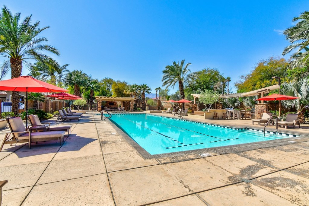 A large swimming pool surrounded by palm trees and lounge chairs.