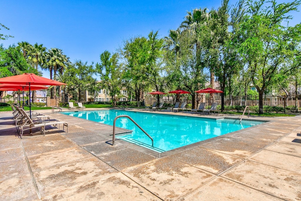 A large outdoor swimming pool surrounded by trees and lounge chairs.