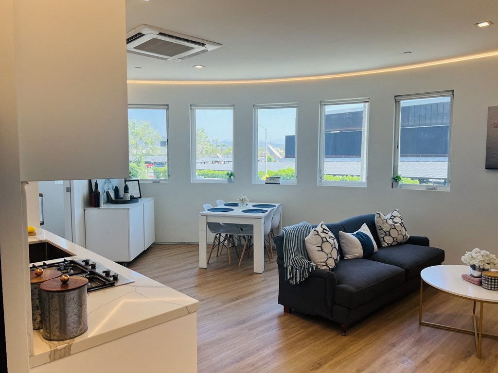 a living room with a couch and a table