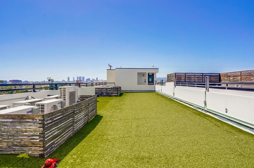 a roof top terrace with grass and a view of the city