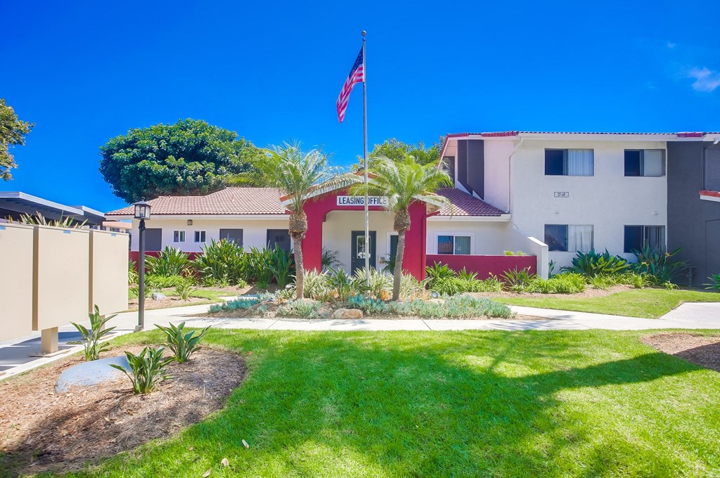 a building with an flag in front of it