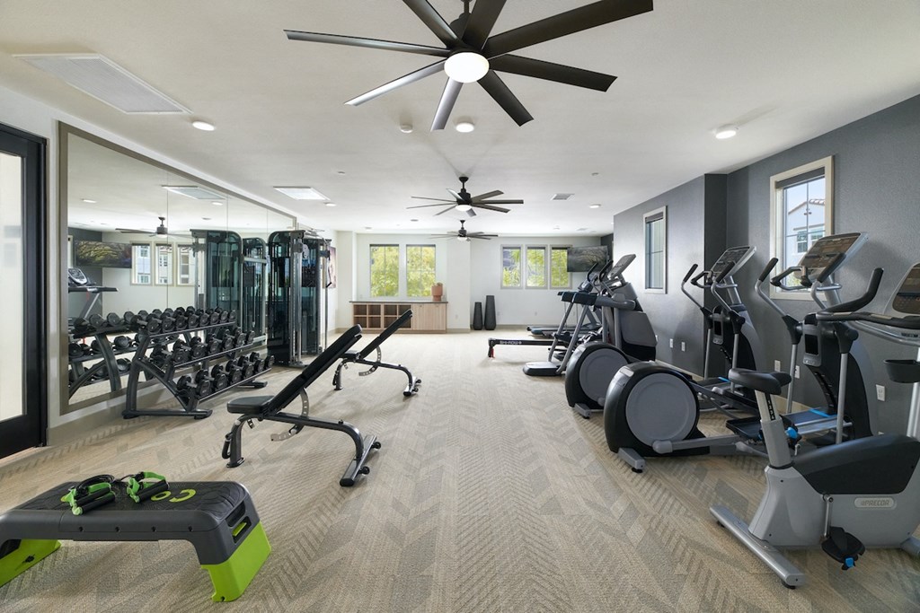 Riverside Luxury Apartments - Fitness Center With Free Weights, Bench Presses, And Treadmills