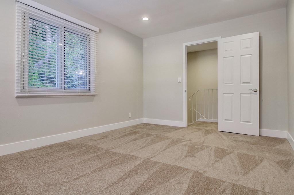 A large room with a carpeted floor and a window with blinds.