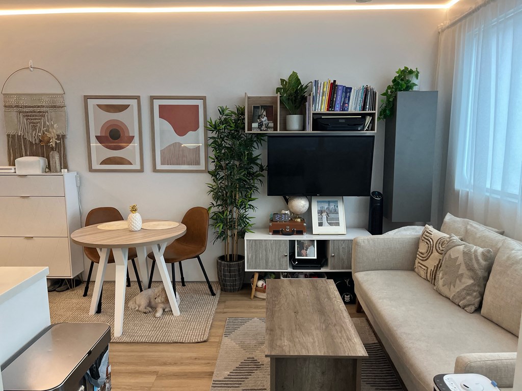 a living room with a couch a table and a tv