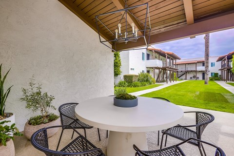 A patio with a table and chairs is shown.