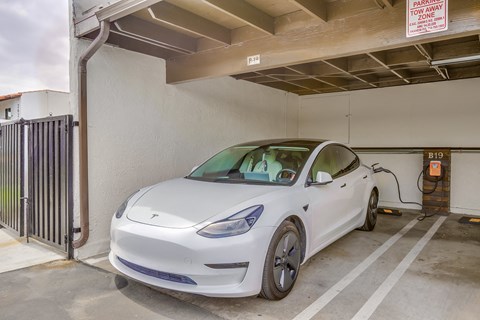 A white Tesla car is parked in a garage.