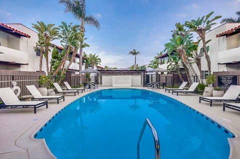 A swimming pool surrounded by lounge chairs and palm trees.