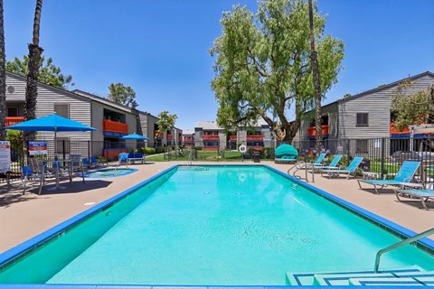 A swimming pool surrounded by lounge chairs and umbrellas.