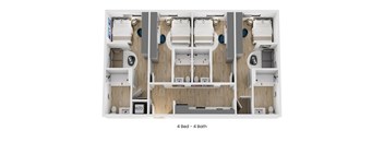 Four bedrooms with four bathrooms are shown in this image.