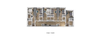 A diagram shows a floor plan of a 6 bedroom, 6 bathroom apartment.