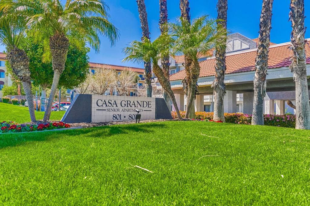 a view of the casa grande sign with palm trees in the background