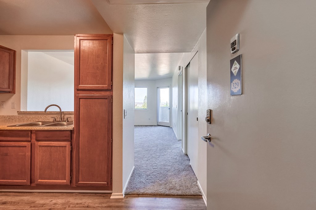 a view of the kitchen from the living room