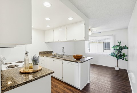 A kitchen with white cabinets and a granite countertop.