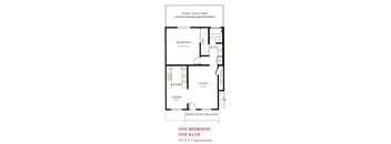 A floor plan of a one bedroom apartment with one bath.