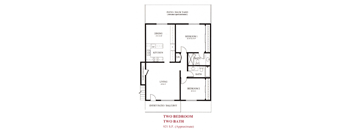 A floor plan of a two bedroom, two bath apartment.