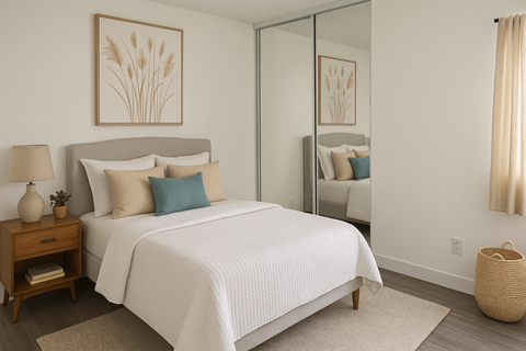 Bright bedroom with large mirrored closet and modern décor at Arbor Ranch Apartments.