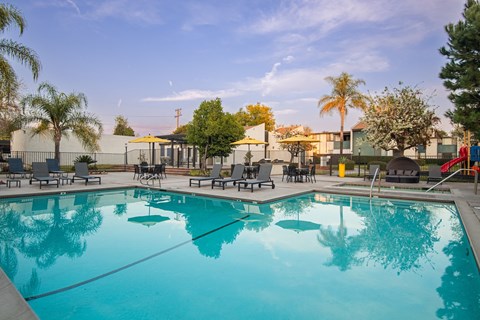 A large swimming pool with a fence and trees in the background.