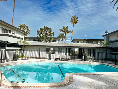 A swimming pool surrounded by a fence and palm trees.