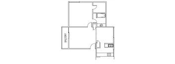 A floor plan of a room with a balcony on the left side.