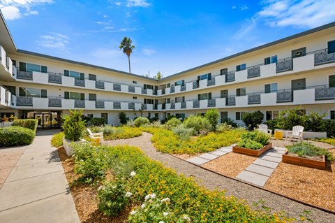 A sunny day at a courtyard with a building in the background.