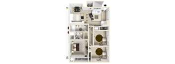 A floor plan of a house with a living room, kitchen, and two bedrooms.