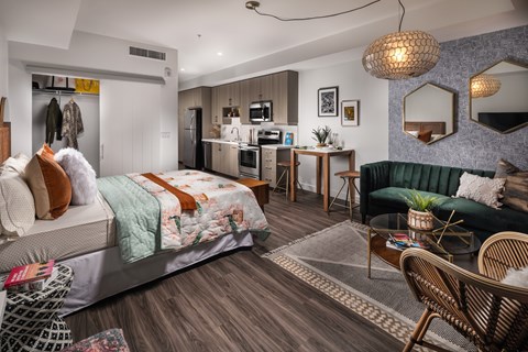 A well-furnished bedroom with a bed, couch, and kitchen area.
