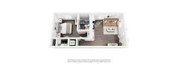 A floor plan of a small apartment with a kitchen, living room, and bathroom.