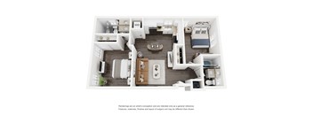 A floor plan of a small apartment with a kitchen, living room, and bedroom.