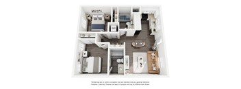 A floor plan of a house with a living room, dining room, kitchen, and two bedrooms.