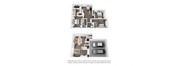 A floor plan of a house with two bedrooms, a living room, a kitchen, and a garage.