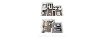 Two images of a house layout, one from above and one from below.