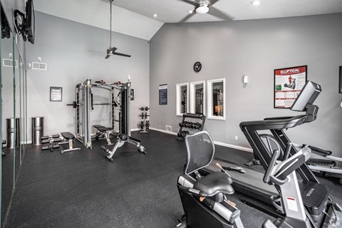 A spacious gym with a variety of equipment including treadmills, weights, and a bench press.