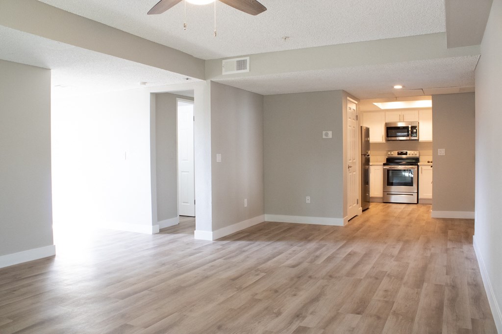 Living room and kitchen at Imperial Apartments in Santa Ana, CA.