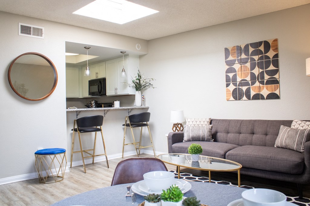 Living room and kitchen at Imperial Apartments in Santa Ana, CA.