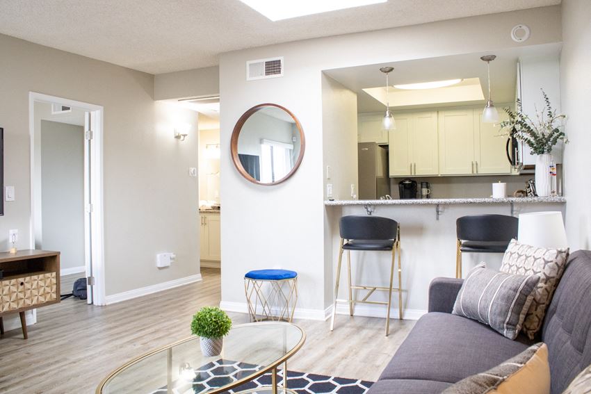 Living room and kitchen at Imperial Apartments in Santa Ana, CA.