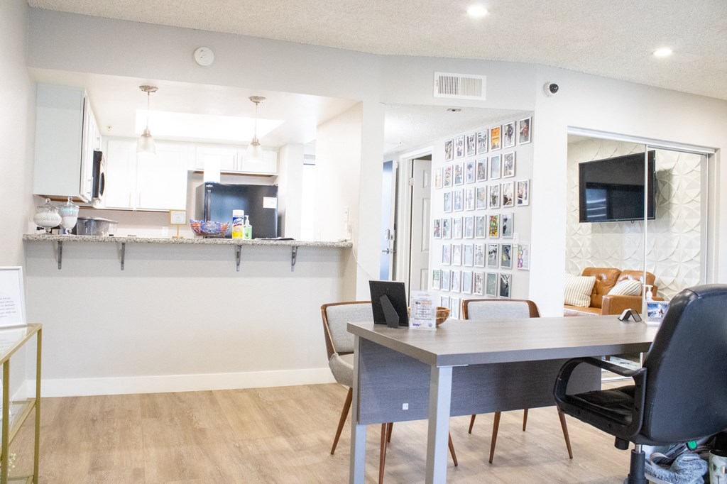 Dining room and kitchen at Imperial Apartments in Santa Ana, CA.