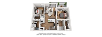 A 3D floor plan of a small apartment with a kitchen, living room, and bedroom.