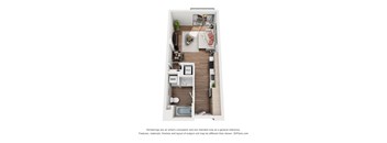 A floor plan of a small apartment with a kitchen, living room, and bathroom.