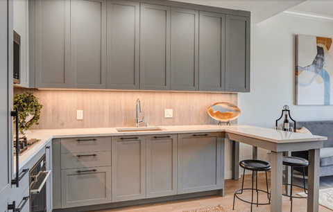 A modern kitchen with grey cabinets and a wooden countertop.