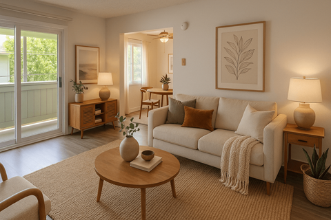 A living room with a white couch, a coffee table, and a painting on the wall.
