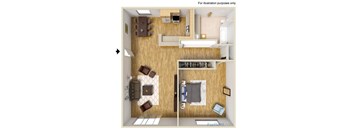 A top-down view of a living room with a couch, coffee table, and television.
