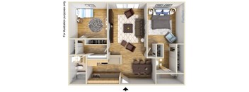A top-down view of a room with a bed, a couch, a table, and a chair.