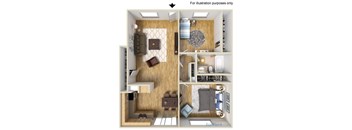 A four-panel illustration shows a variety of room layouts for a small apartment.