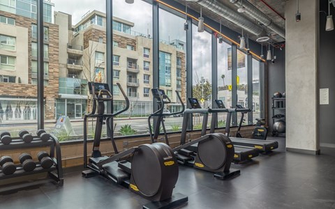 A gym with a view of apartment buildings outside the window.
