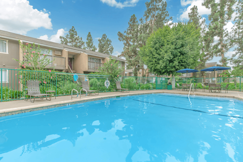 A swimming pool in front of a building with trees and bushes.